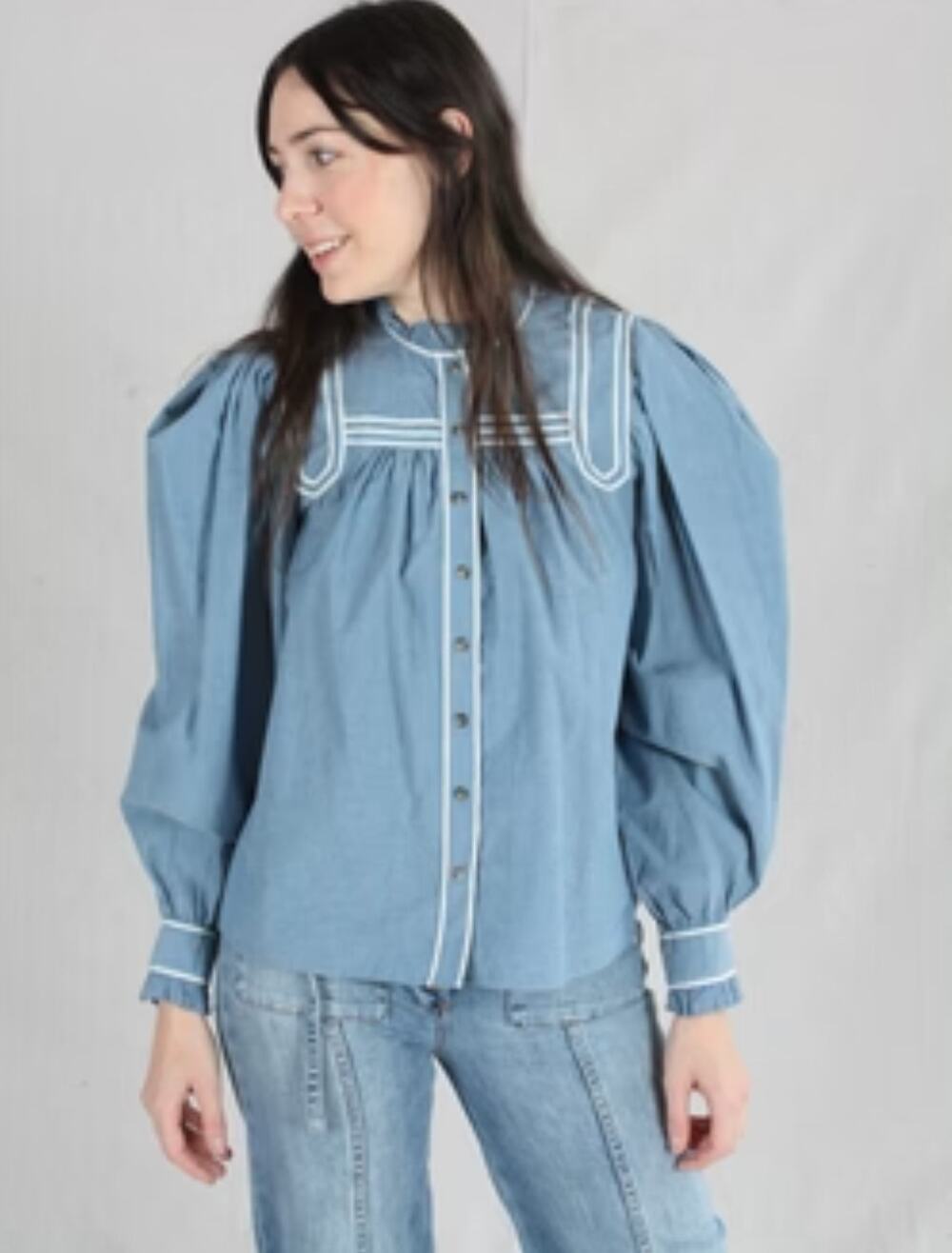 Ulla Johnson Abigail Chambray embroidered cotton blue blouse size 8